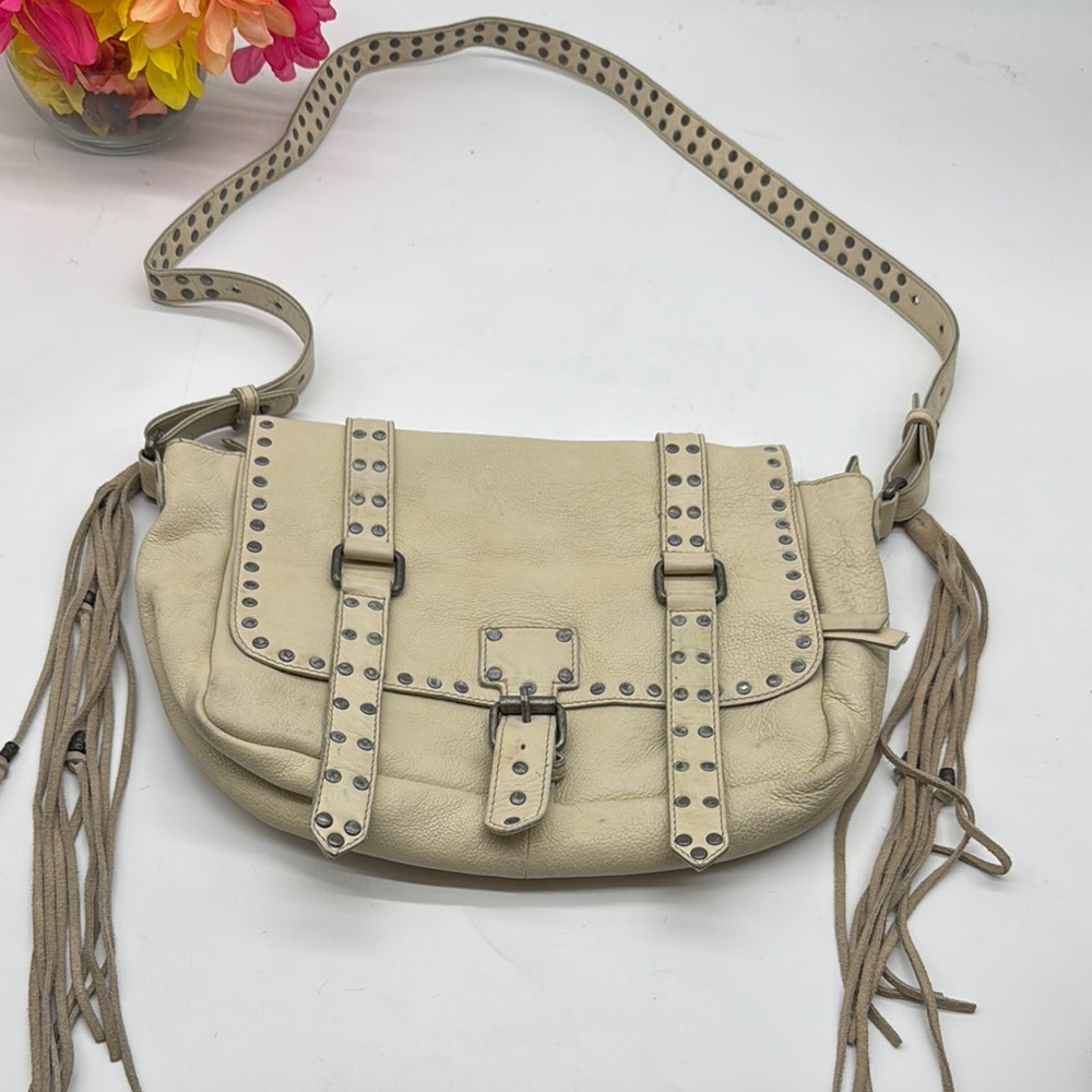 We The Free Free People Studded Cream Leather Vintage Shoulder Bag with fringe